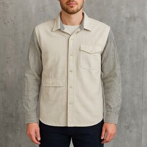 Scotch & Soda L Beige Workwear Shirt Jacket Striped Sleeves Cotton Blend Pockets